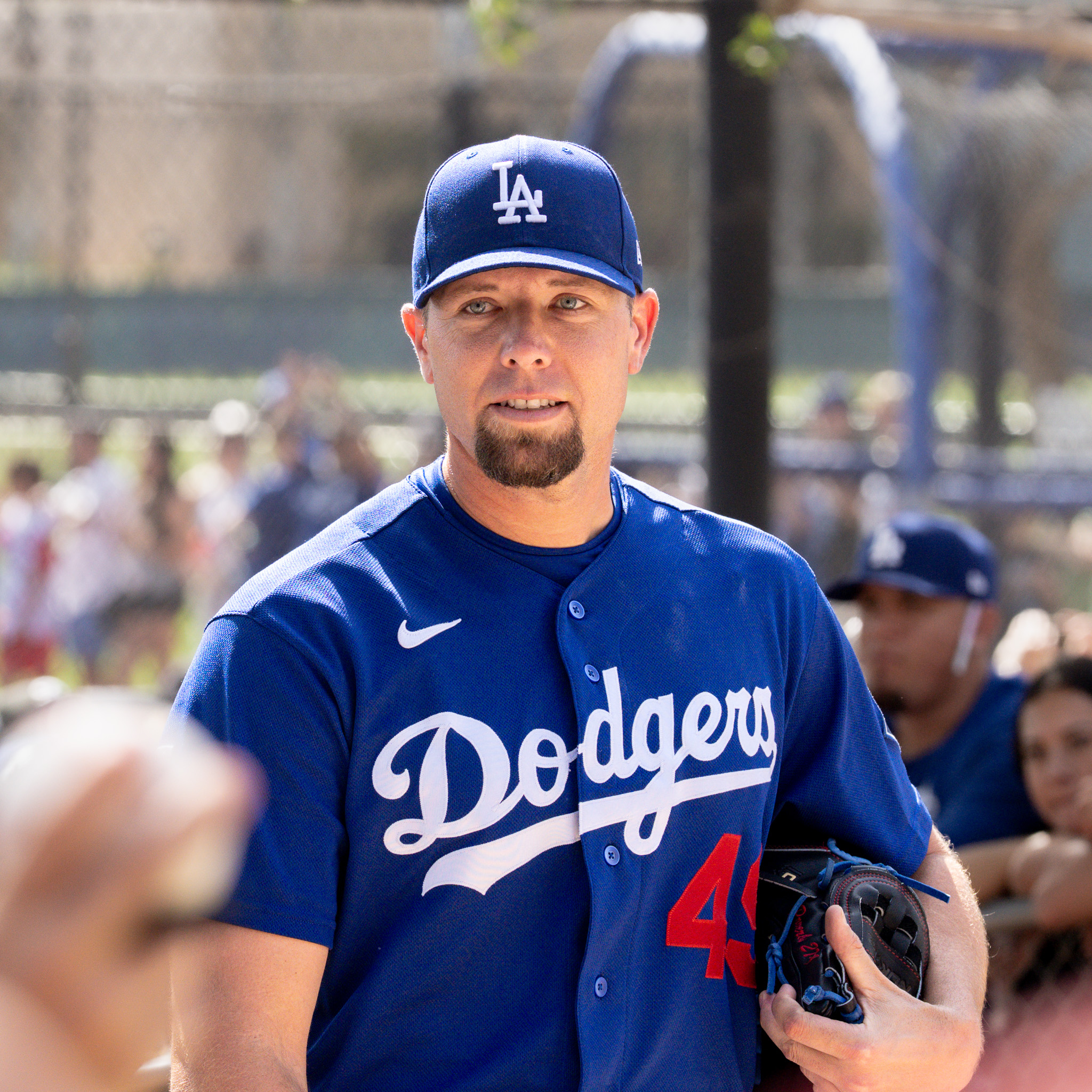 Dodgers reliever Blake Treinen during spring training warmup, 2026