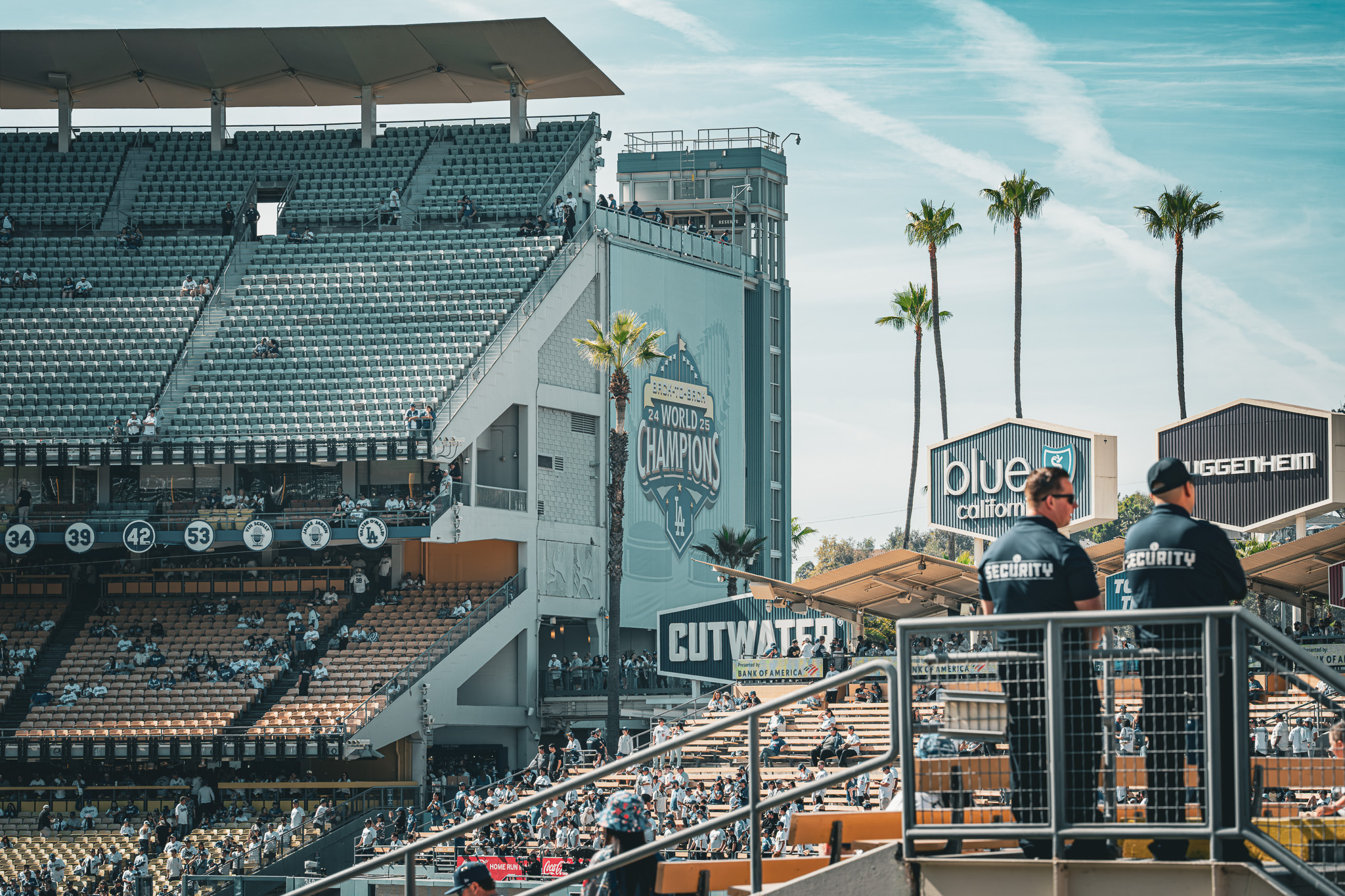 Dodger Stadium with the 2024 World Series Champions banner displayed at the start of the 2026 season