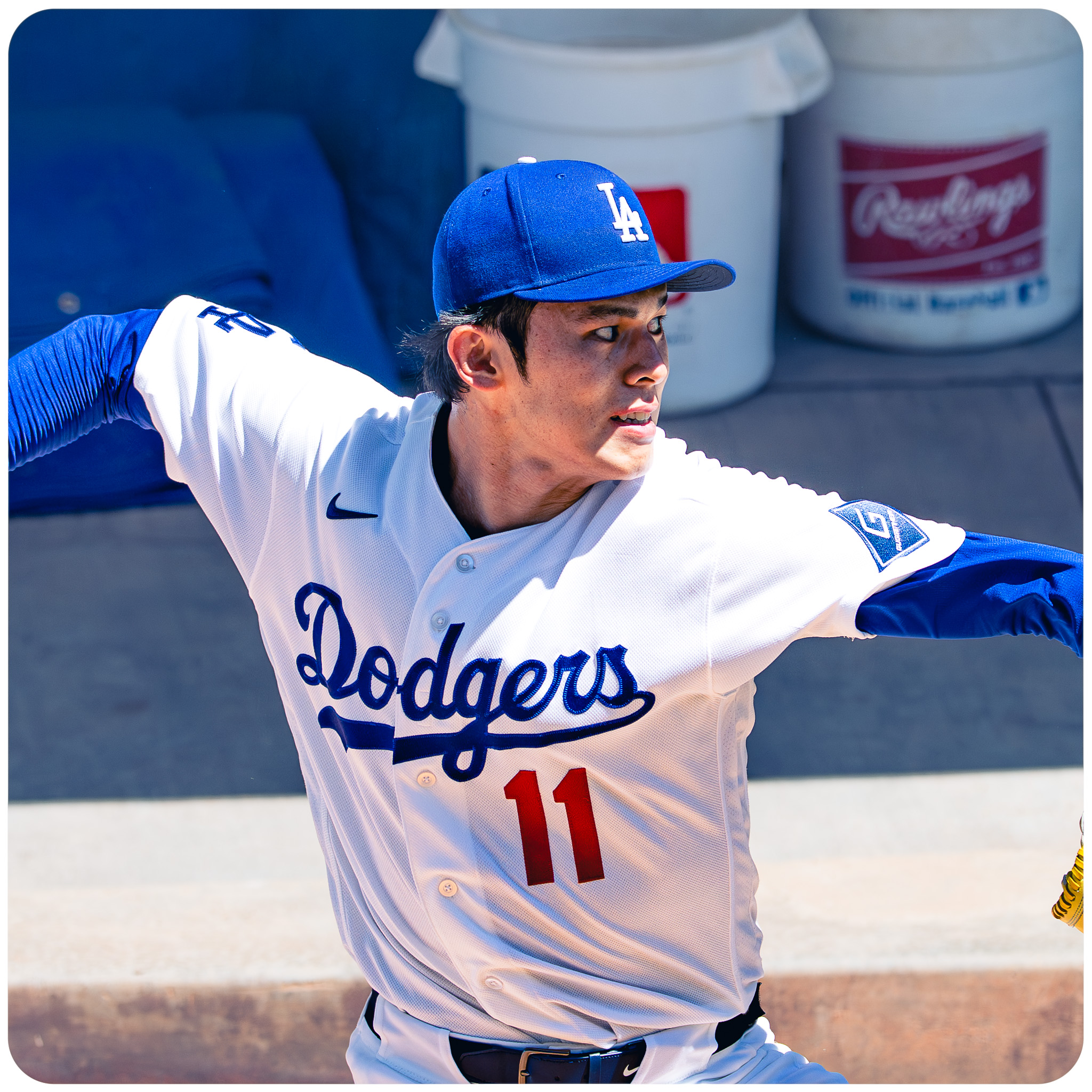 Dodgers pitcher Roki Sasaki warming up before a 2026 spring training game