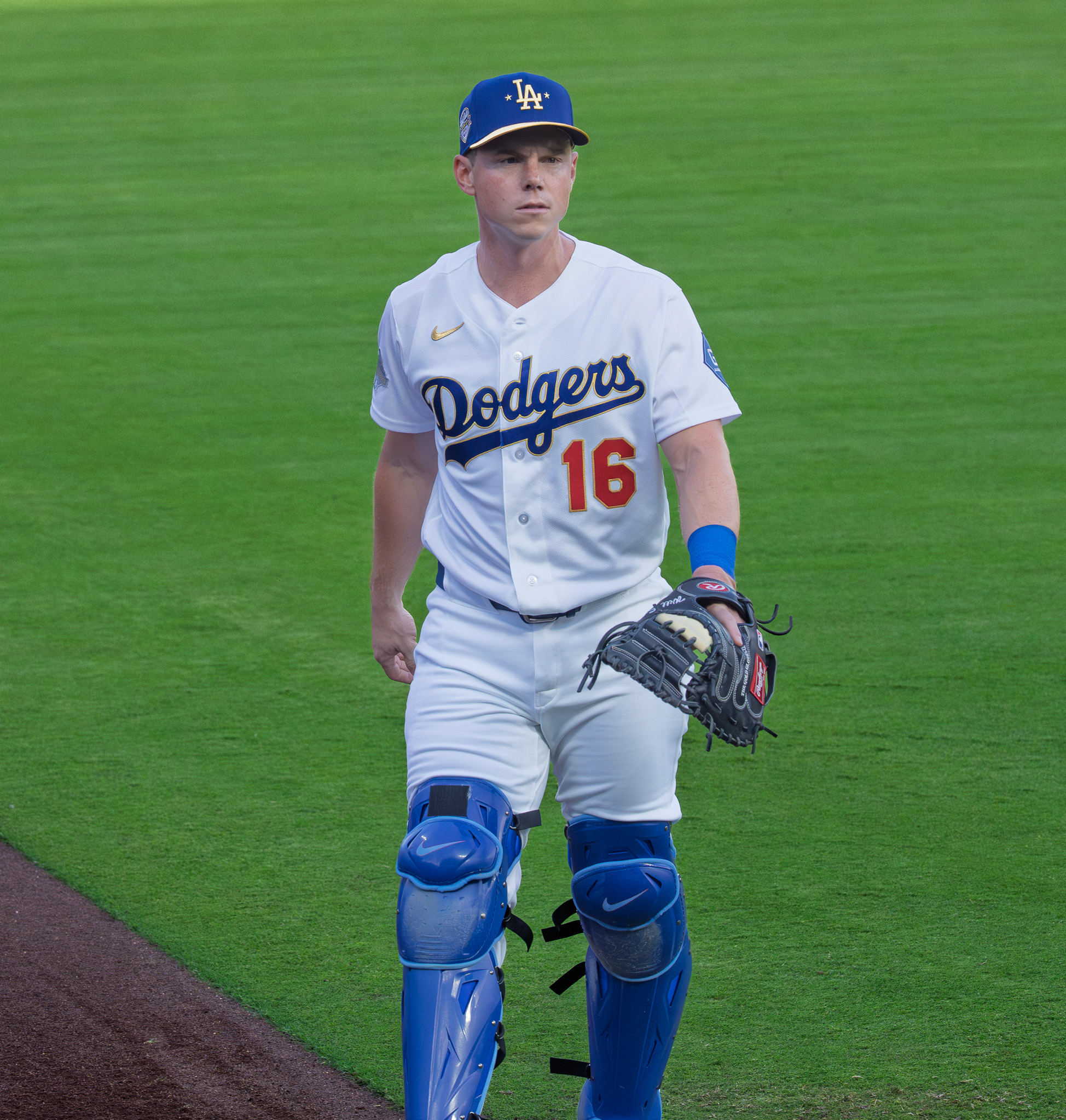 Catcher Will Smith in the gold championship jersey on Opening Day at Dodger Stadium, 2026